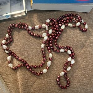 Elegant Burgundy Pearl and White Baroque Pearl Rope Necklace